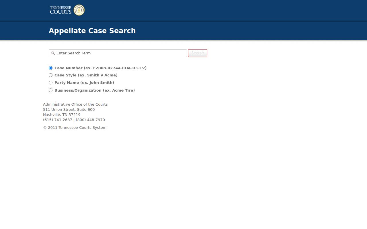 Tennessee appellate Public Case History search fields