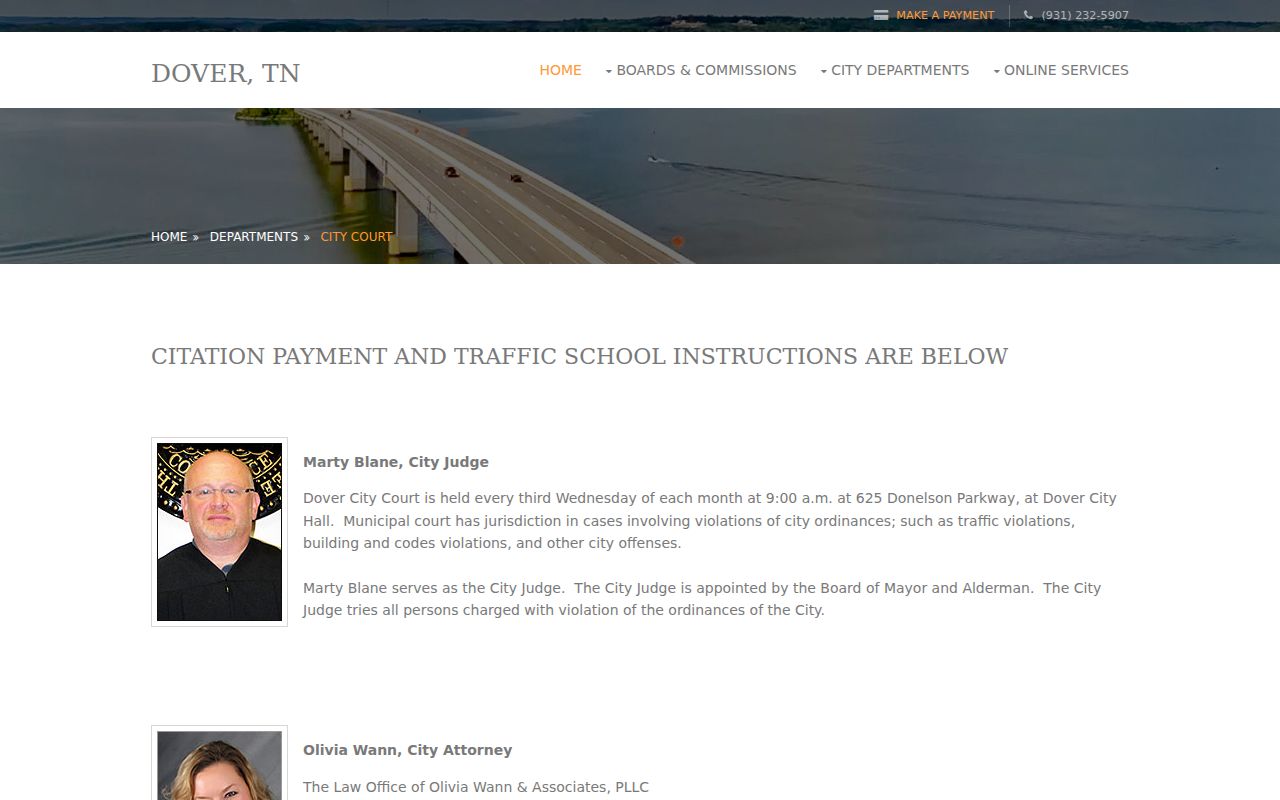 Official Dover City Court page showing judge, clerk, schedule, and instructions