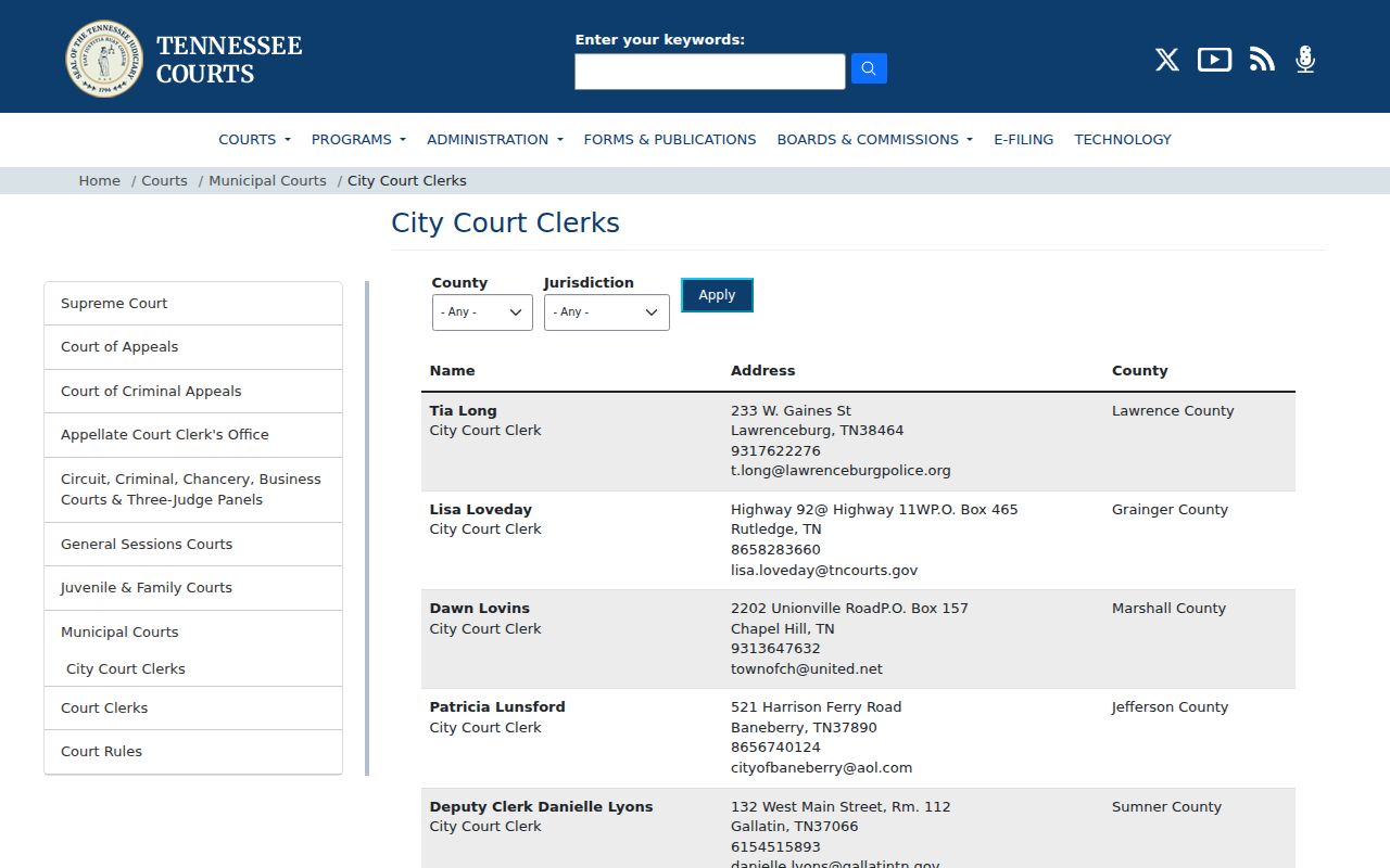Stewart County Cumberland City court docket clerk directory