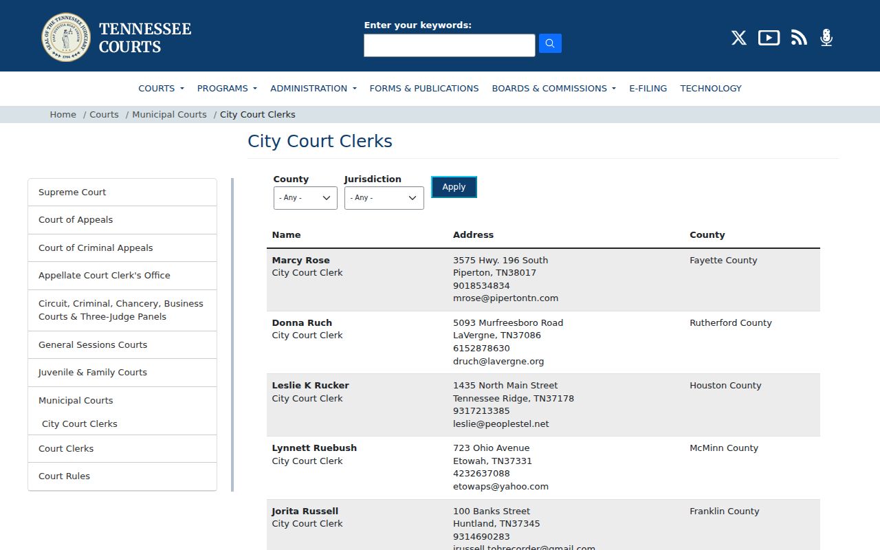 Tennessee Ridge city court clerk listing from the Tennessee courts directory