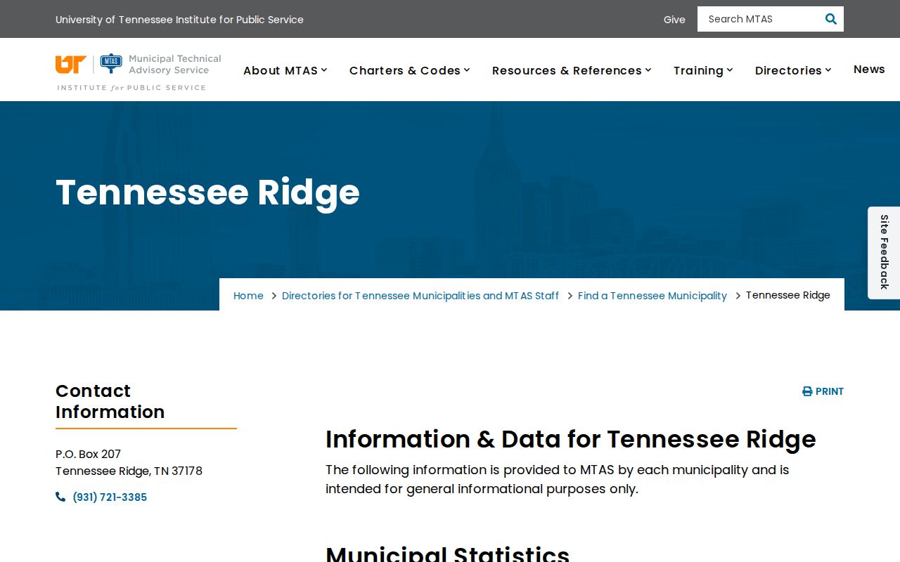 MTAS Tennessee Ridge profile showing its Houston and Stewart County setting