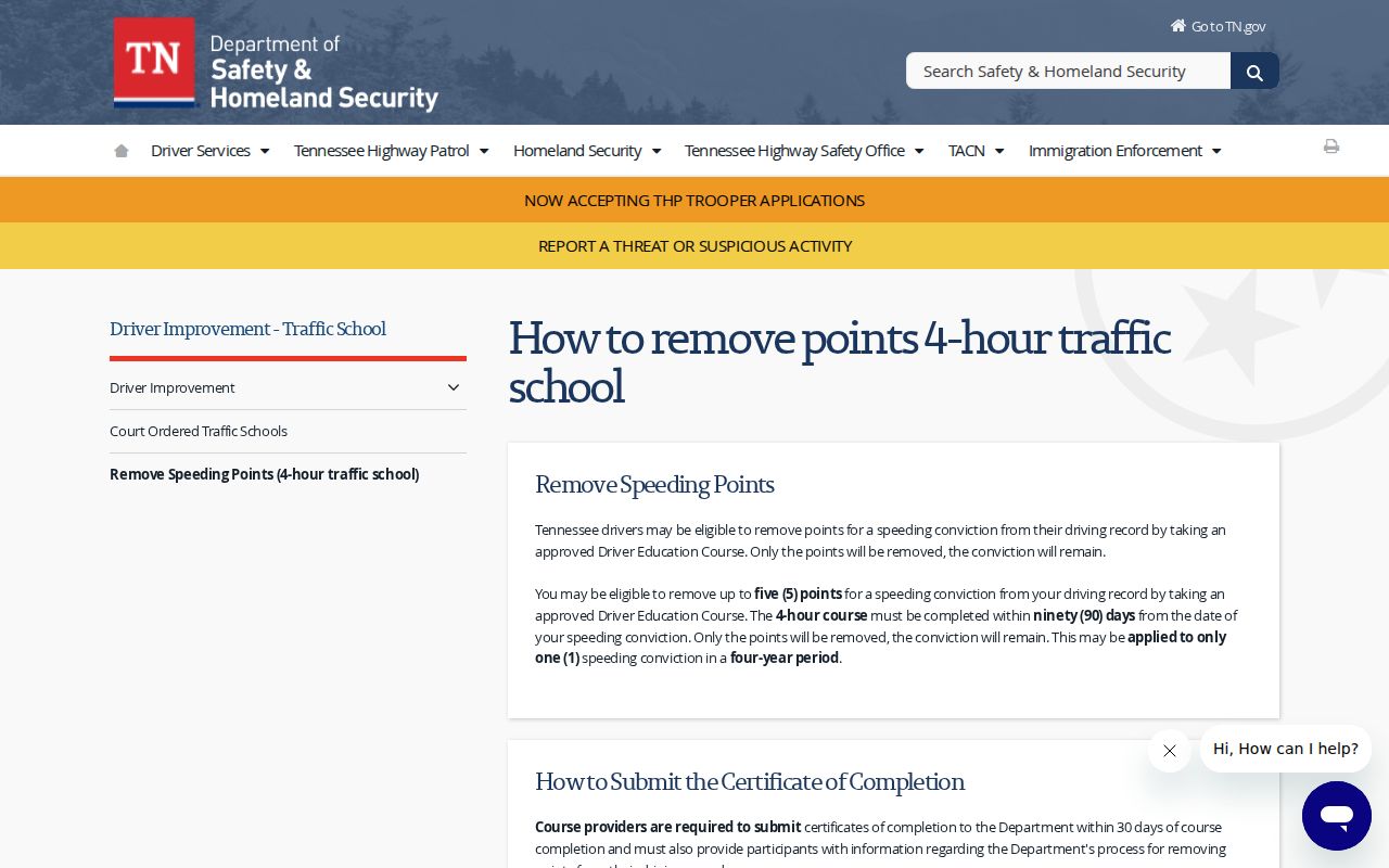 Tennessee four-hour traffic-school requirements and completion information